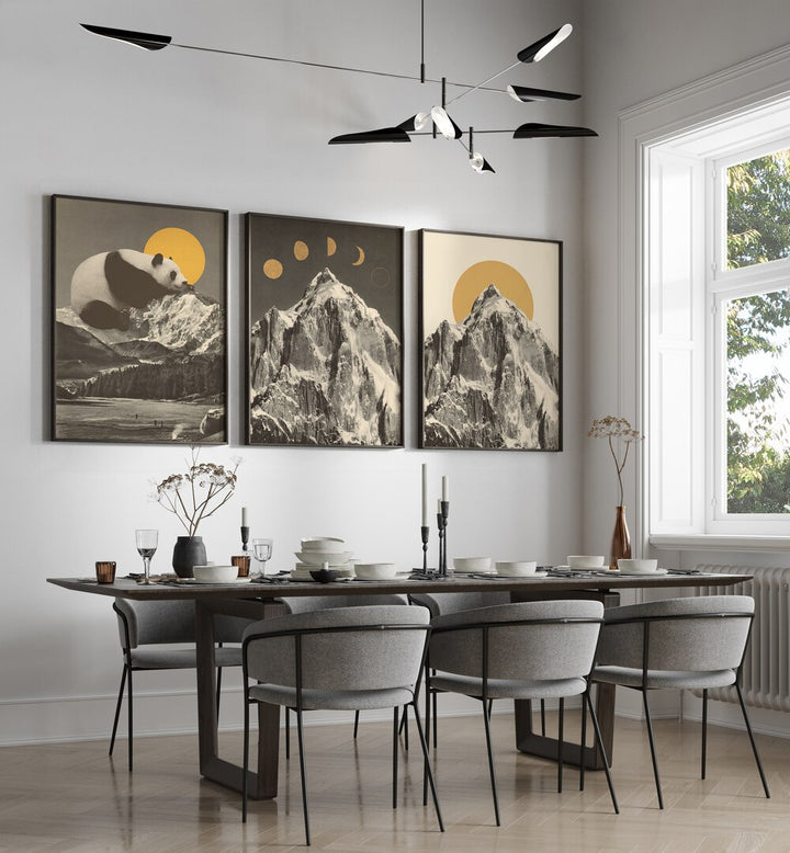 Stunning MOUNTAINSCAPE MOONPHASE SET, SET OF 3 PAINTINGS, enhancing any room with nature's beauty and moon phases.