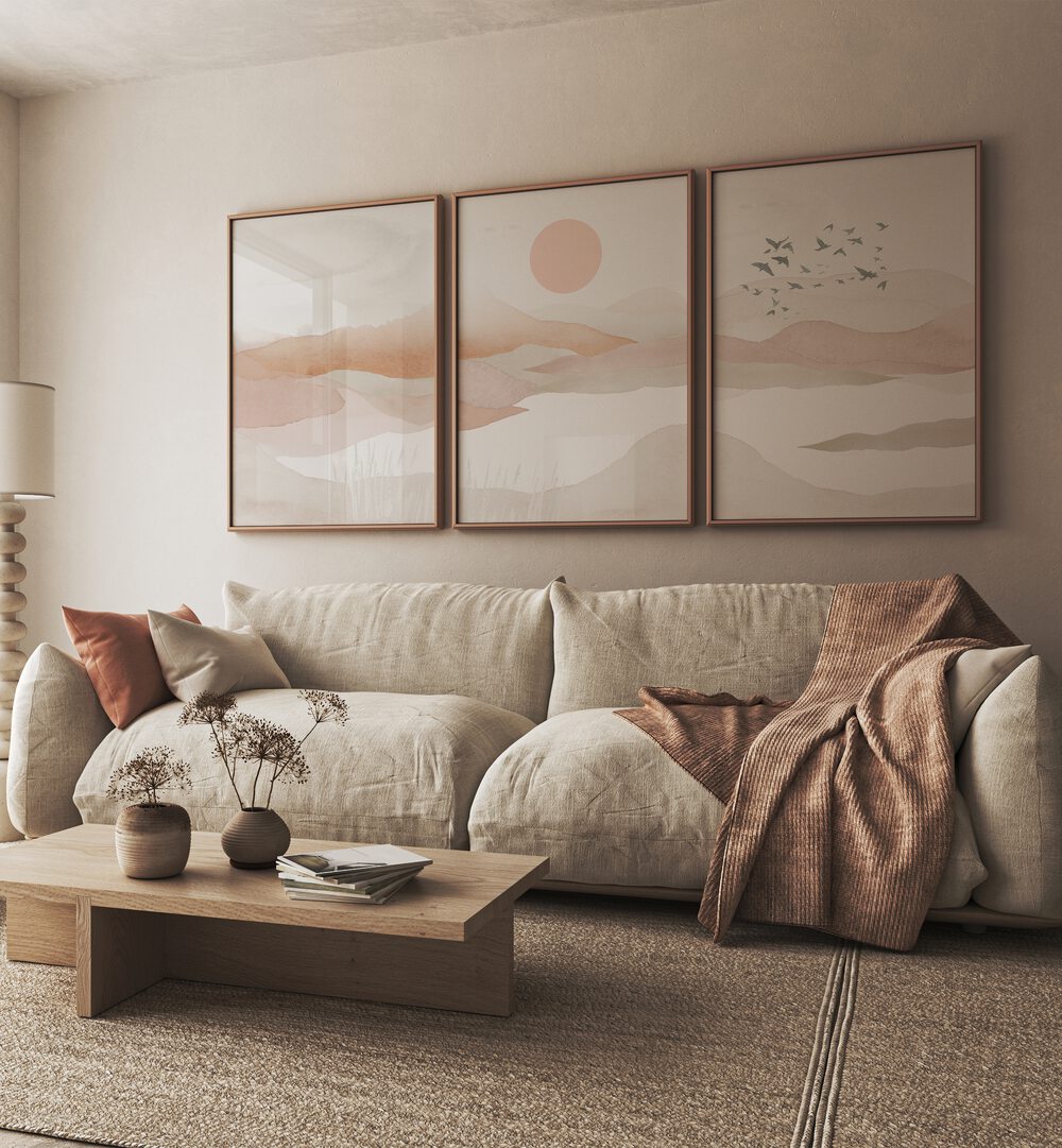 Transform your space with the MOUNTAINS IN PINK SET, SET OF 3 PAINTINGS, showcasing serene pink mountain landscapes.