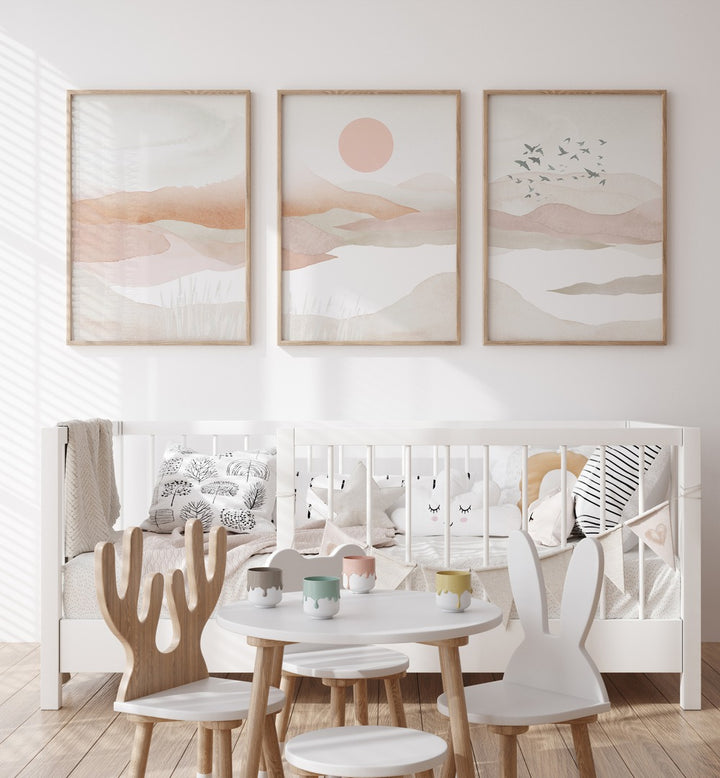 Elevate your decor with the MOUNTAINS IN PINK SET, SET OF 3 PAINTINGS, showcasing serene pink landscapes.
