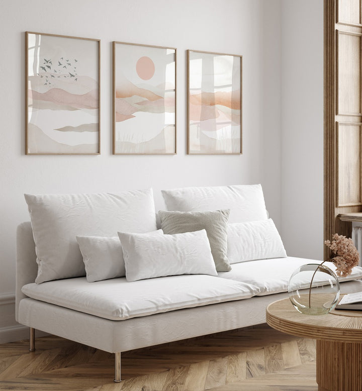 Enchanting MOUNTAINS IN PINK SET, SET OF 3 PAINTINGS, perfect for enhancing your living space with soothing hues.