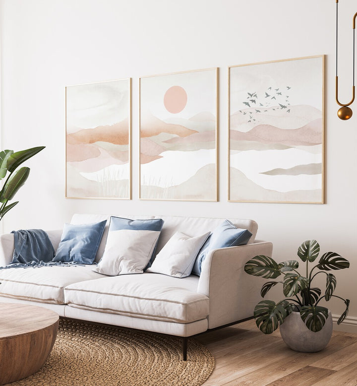 Enhance your decor with the MOUNTAINS IN PINK SET, SET OF 3 PAINTINGS, showcasing serene pink landscapes.