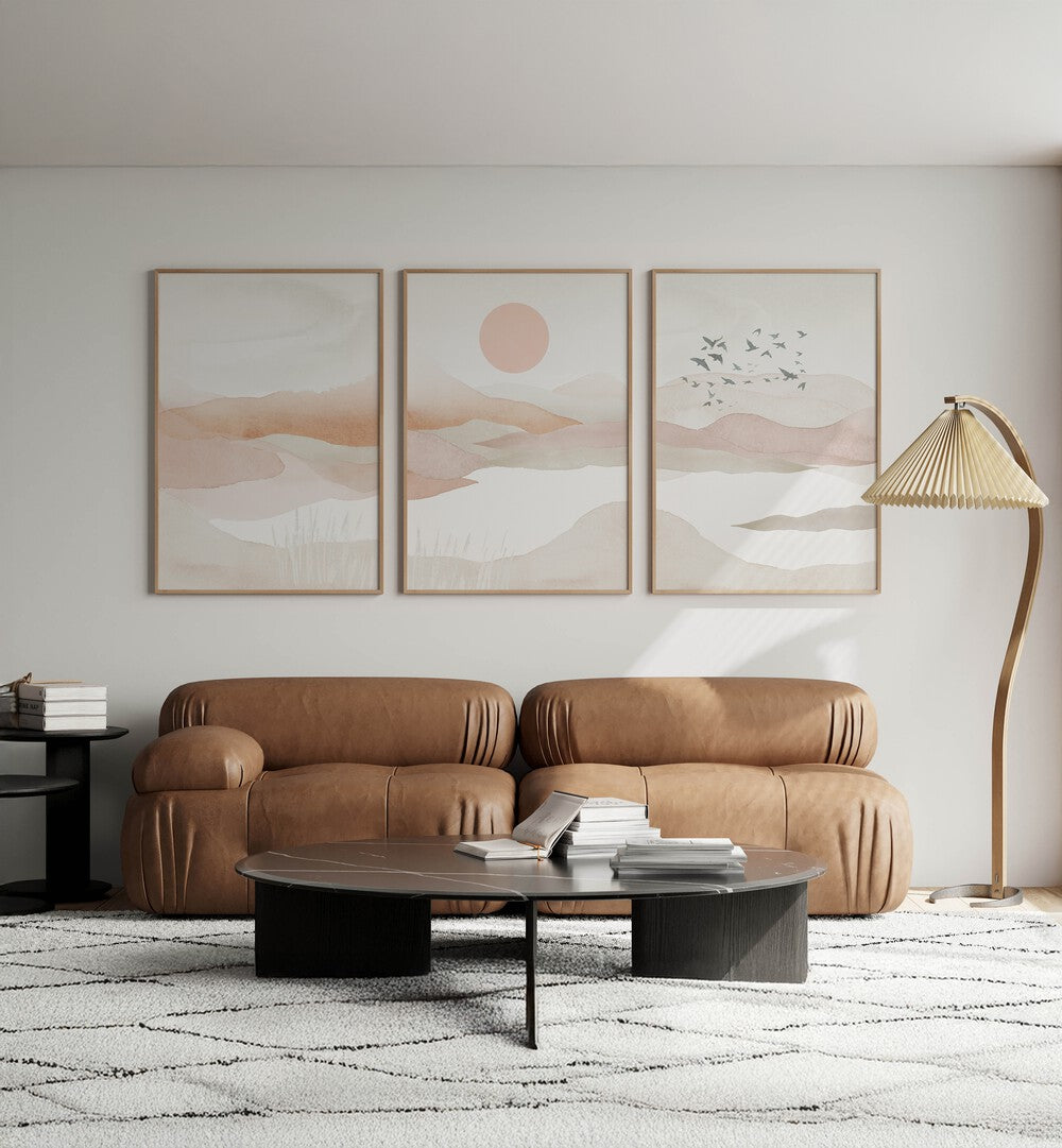 Transform your space with the MOUNTAINS IN PINK SET, SET OF 3 PAINTINGS, showcasing serene pink-hued landscapes.