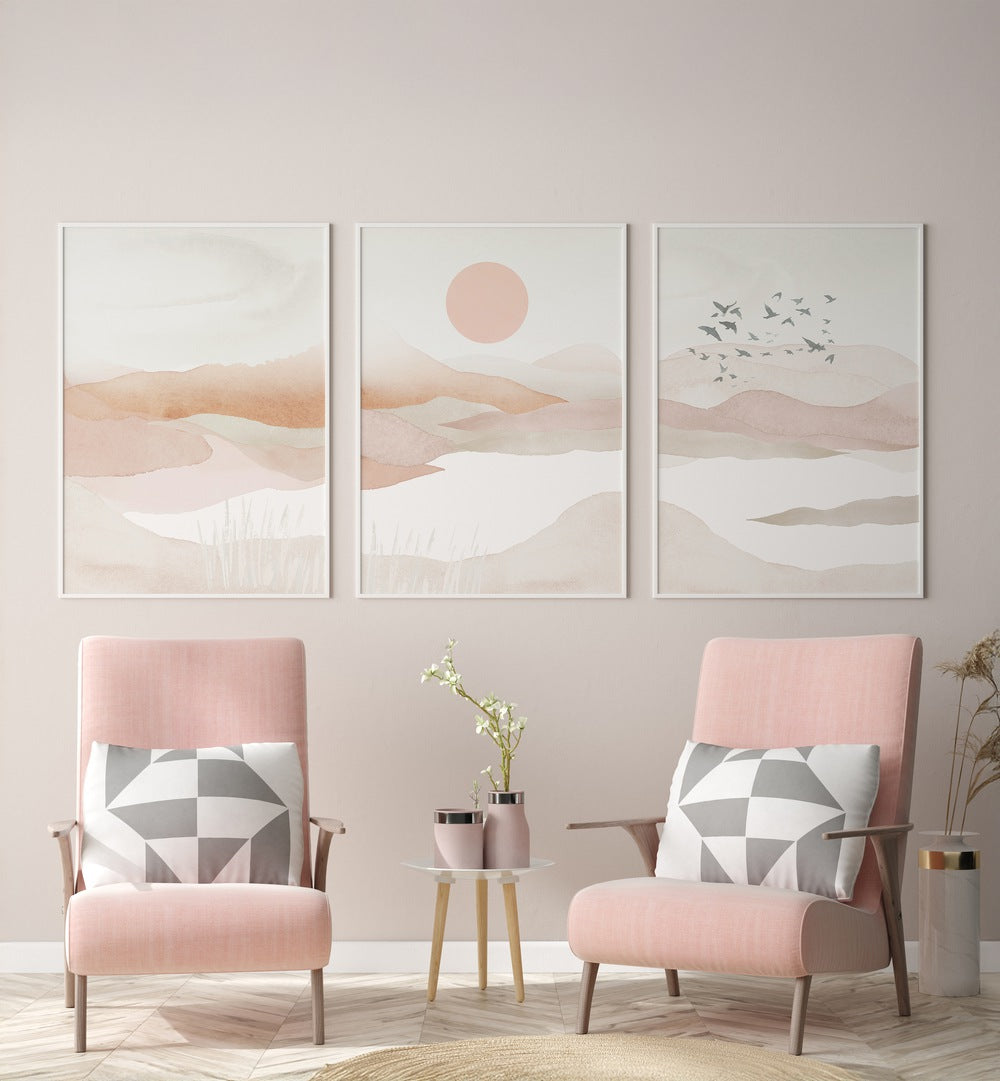 Elevate your decor with the MOUNTAINS IN PINK SET, SET OF 3 PAINTINGS, featuring serene pink landscapes.