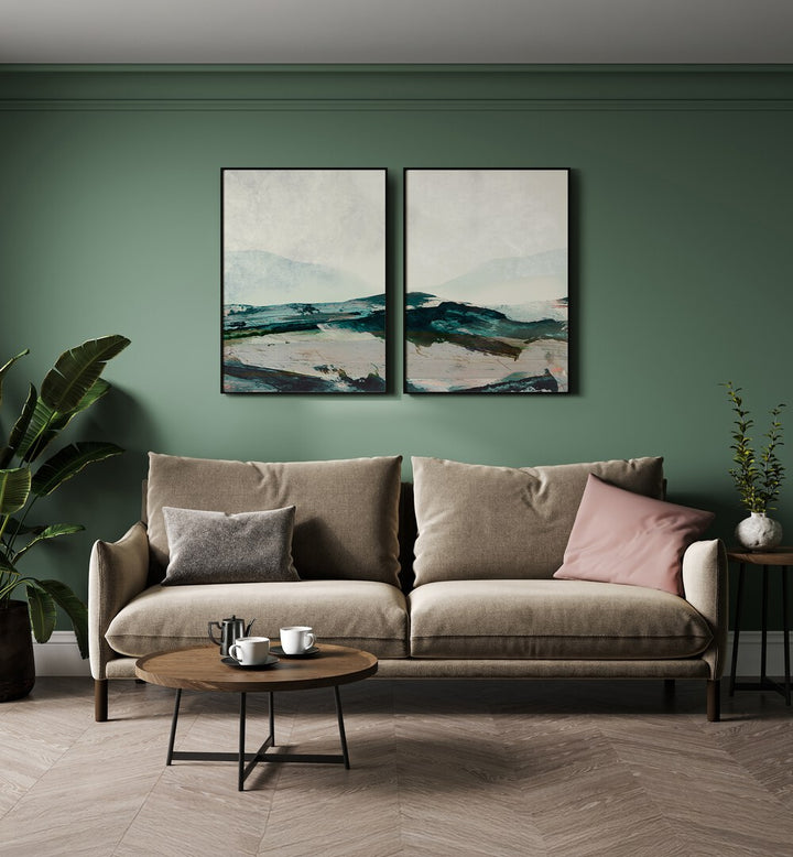 Enhance your decor with the MOUNTAINS SET, SET OF 2 PAINTINGS, showcasing tranquil mountain landscapes.
