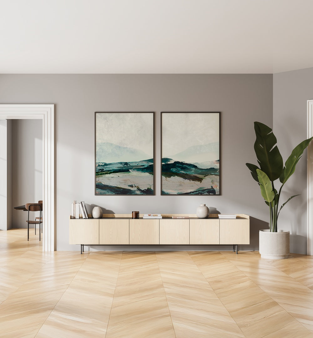 Enhance your decor with the MOUNTAINS SET, SET OF 2 PAINTINGS, showcasing serene mountain beauty for your home.