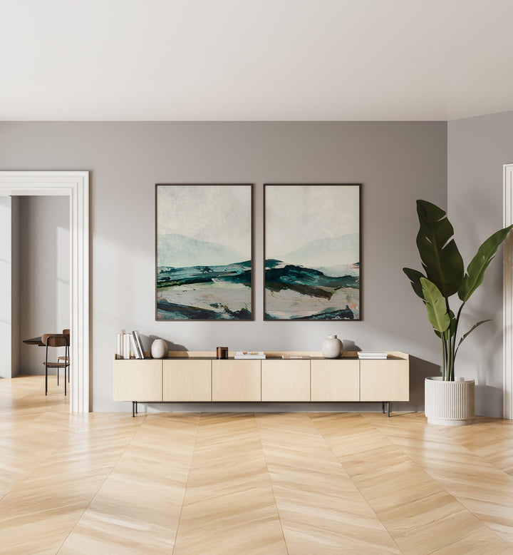 Enhance your decor with the MOUNTAINS SET, SET OF 2 PAINTINGS, showcasing serene mountain beauty for your home.