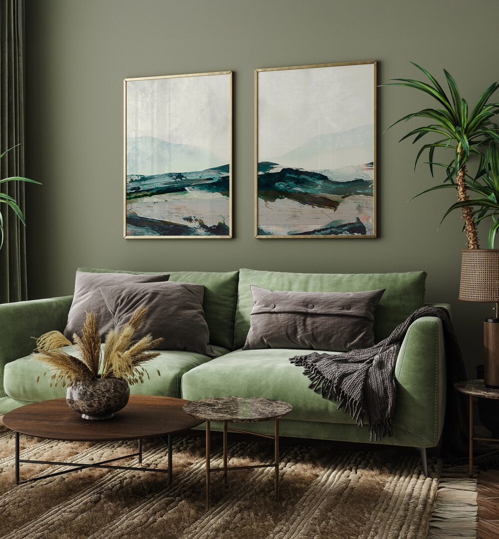 Transform your home with the MOUNTAINS SET, SET OF 2 PAINTINGS, showcasing serene mountain beauty.