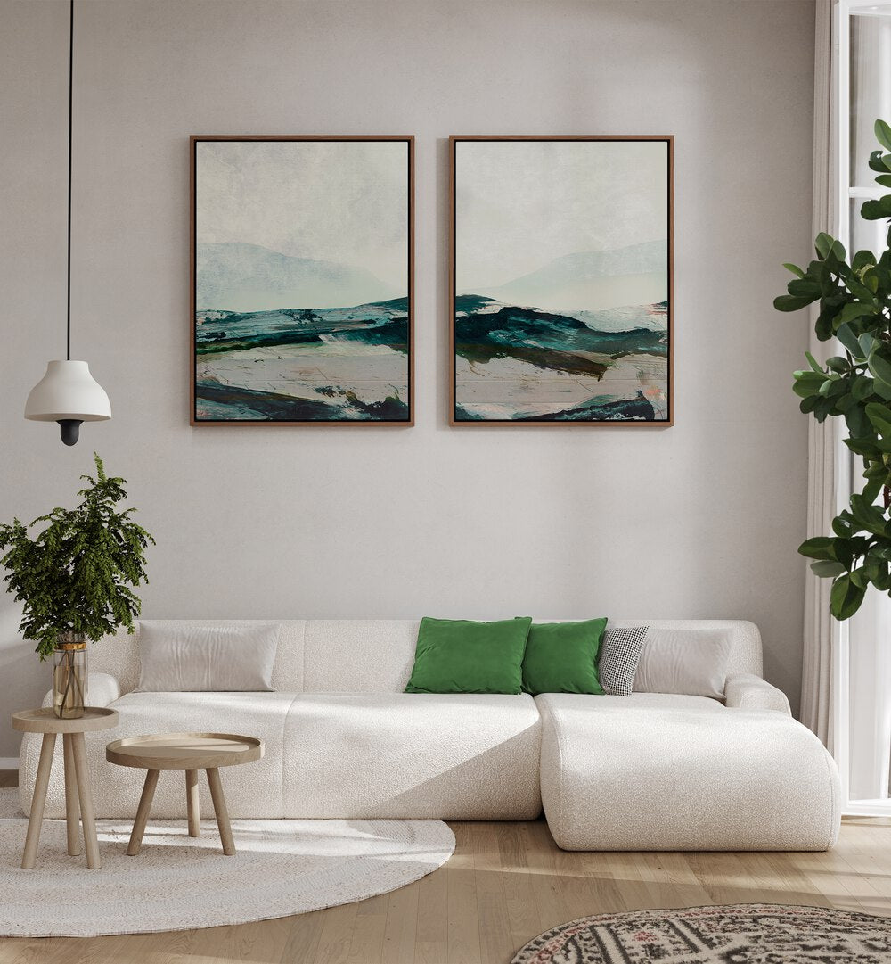 Elevate your decor with the MOUNTAINS SET, SET OF 2 PAINTINGS, showcasing serene mountain landscapes.