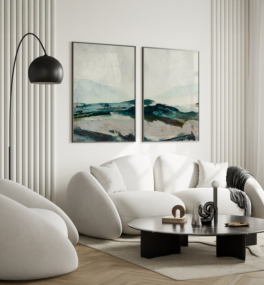 Transform your space with the MOUNTAINS SET, SET OF 2 PAINTINGS, showcasing serene mountain beauty and tranquility.