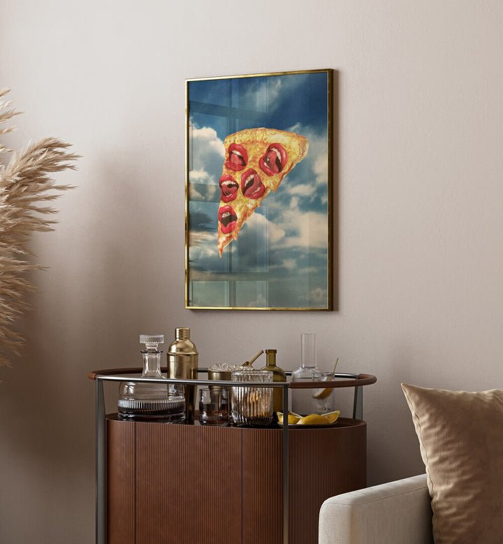 Surreal art print "MOZZARELLA MWAH" showcases whimsical pizza with lips, perfect for unique decor.