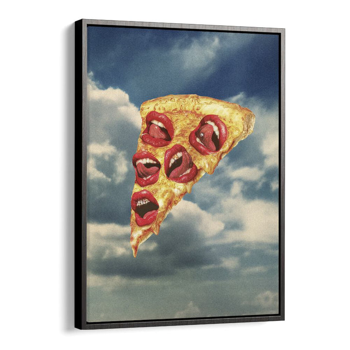 Surreal art print "Mozzarella Mwah" by Vertigo Artography, featuring a whimsical pizza slice and vibrant clouds.
