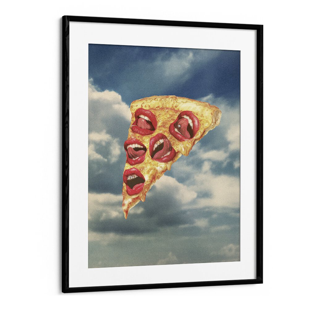 Surreal art print "Mozzarella Mwah" in a black frame, showcasing whimsical pizza lips by Vertigo Artography.