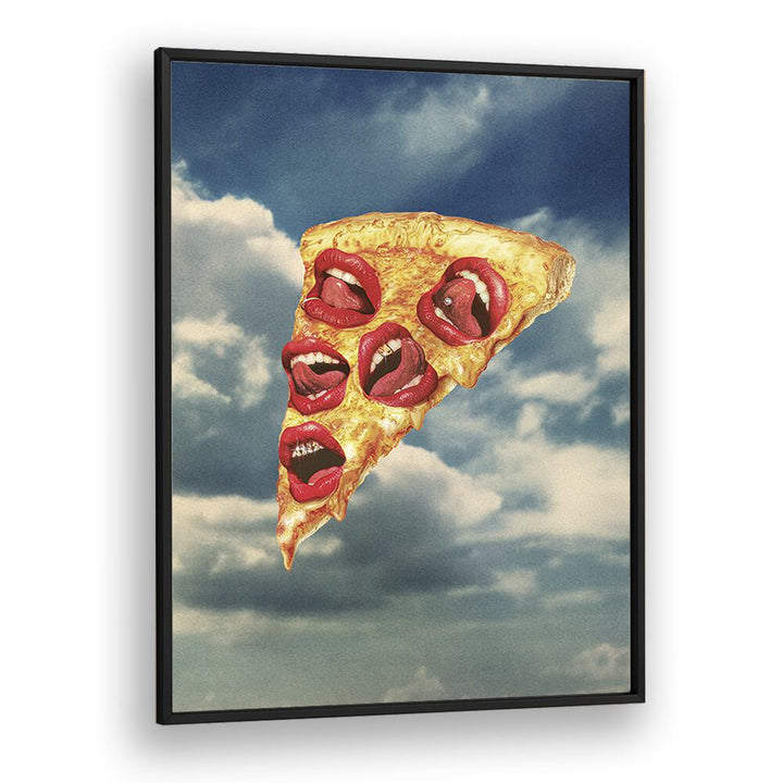 Surreal art print "MOZZARELLA MWAH" by Vertigo Artography features vibrant lips on a pizza slice against a blue sky.