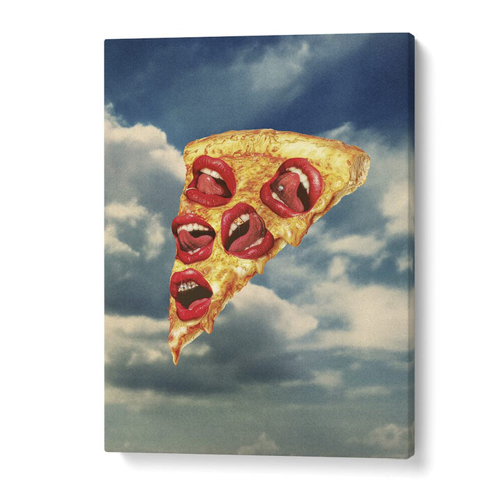 Surreal art print "MOZZARELLA MWAH" featuring a whimsical pizza slice by Vertigo Artography, perfect for unique decor.