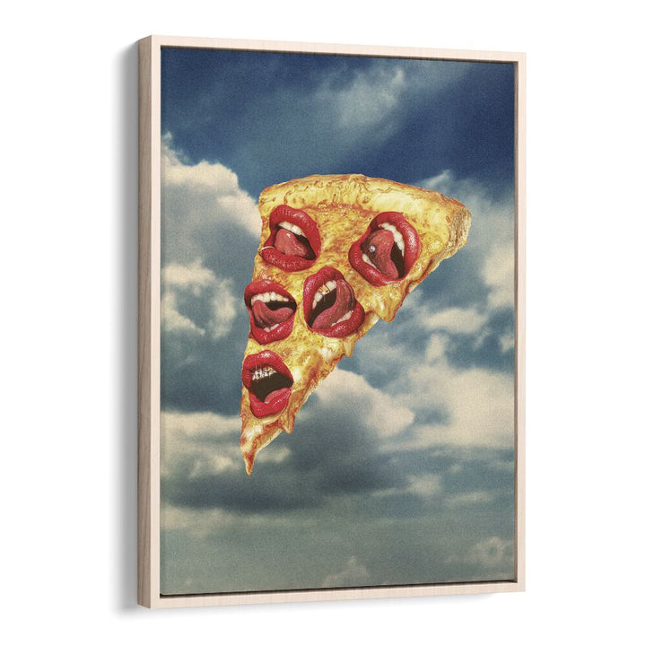 Surreal art print "Mozzarella Mwah" features whimsical pizza with lips, perfect for unique decor by Vertigo Artography.