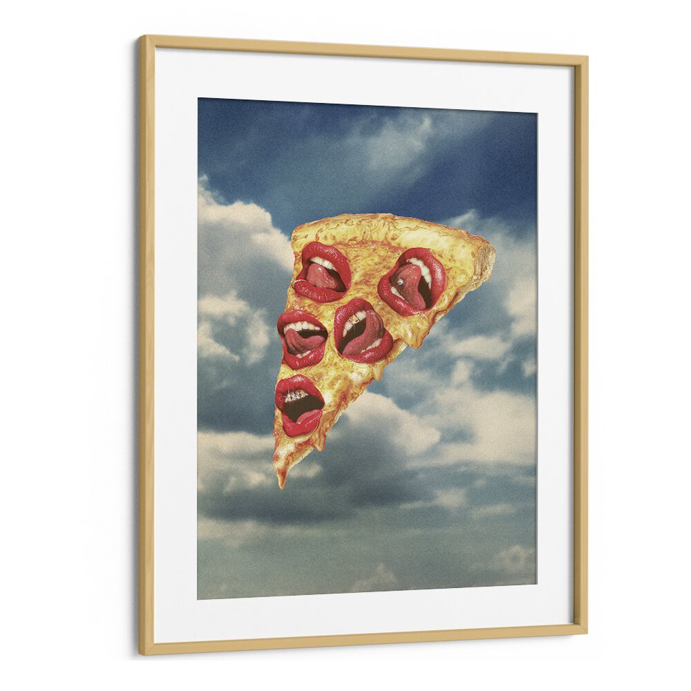Surreal "Mozzarella Mwah" art print featuring playful pizza slices, framed by Vertigo Artography. Perfect for unique decor.