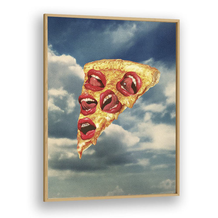 Surreal art print "Mozzarella Mwah" by Vertigo Artography, featuring whimsical pizza and lips design.