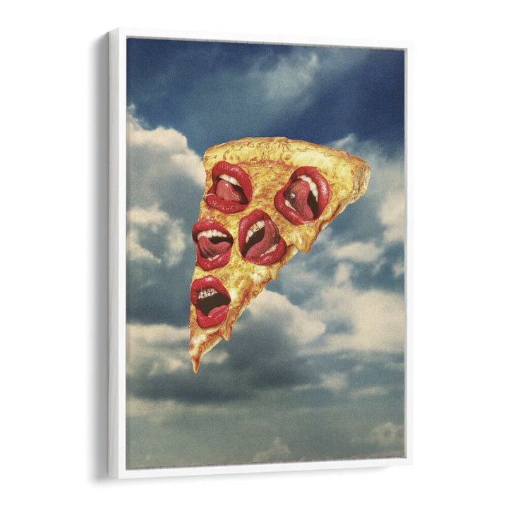 Surreal art print "Mozzarella Mwah" featuring whimsical pizza slice with lips, perfect for unique decor by Vertigo Artography.