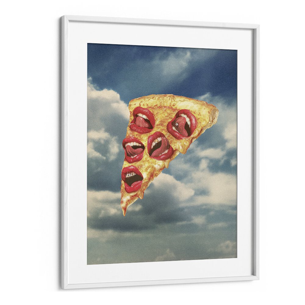 Surreal art print "Mozzarella Mwah" features whimsical pizza slice with lips, perfect for unique decor.