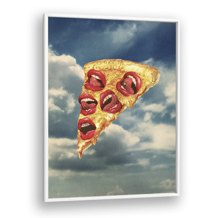 Surreal art print "Mozzarella Mwah" featuring whimsical pizza slice by Vertigo Artography, perfect for unique decor.