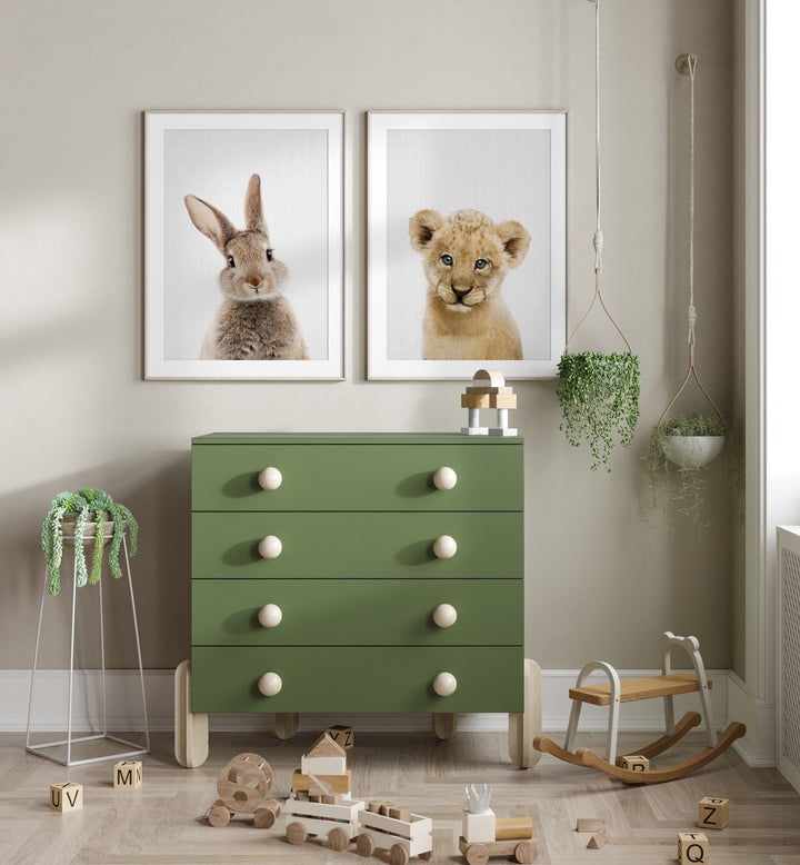 MUFASA SET, SET OF 2 PAINTINGS showcases a charming lion cub and rabbit, perfect for any playful space.