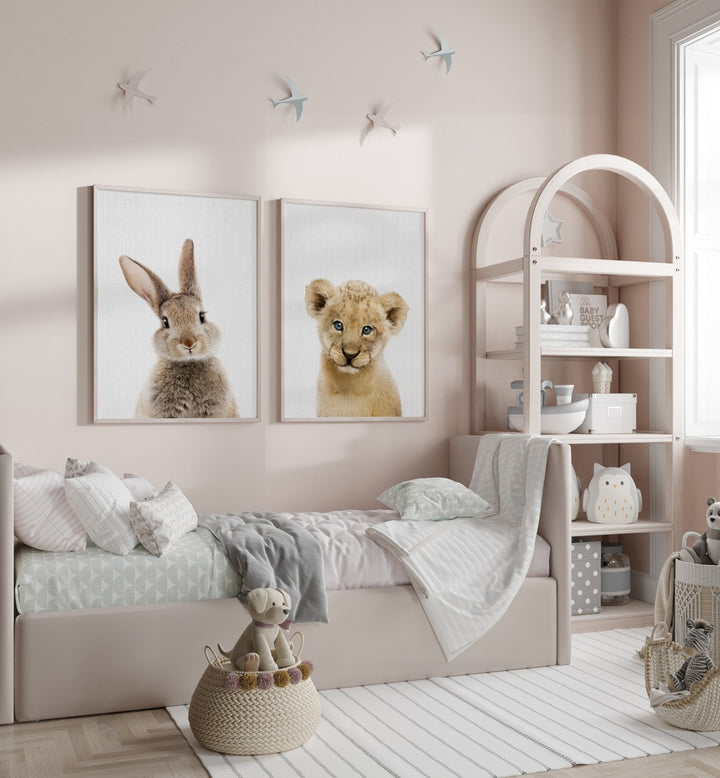 Delightful MUFASA SET, SET OF 2 PAINTINGS featuring a lion cub and rabbit, perfect for transforming your space.