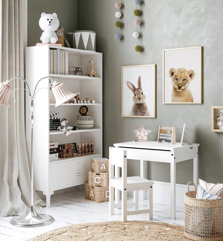 Transform your space with the MUFASA SET, SET OF 2 PAINTINGS featuring a charming lion cub and rabbit.