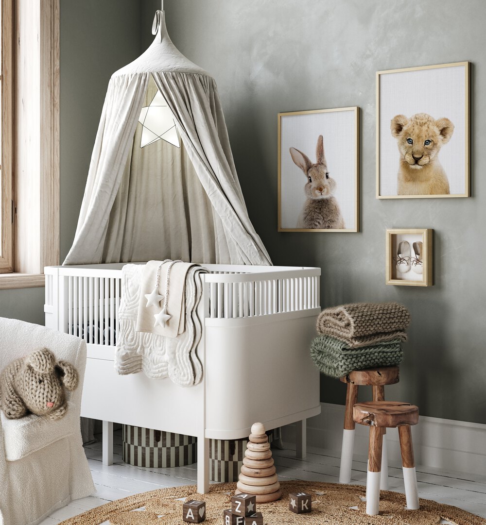 Transform your nursery with the MUFASA SET, SET OF 2 PAINTINGS featuring a lion cub and rabbit in elegant frames.