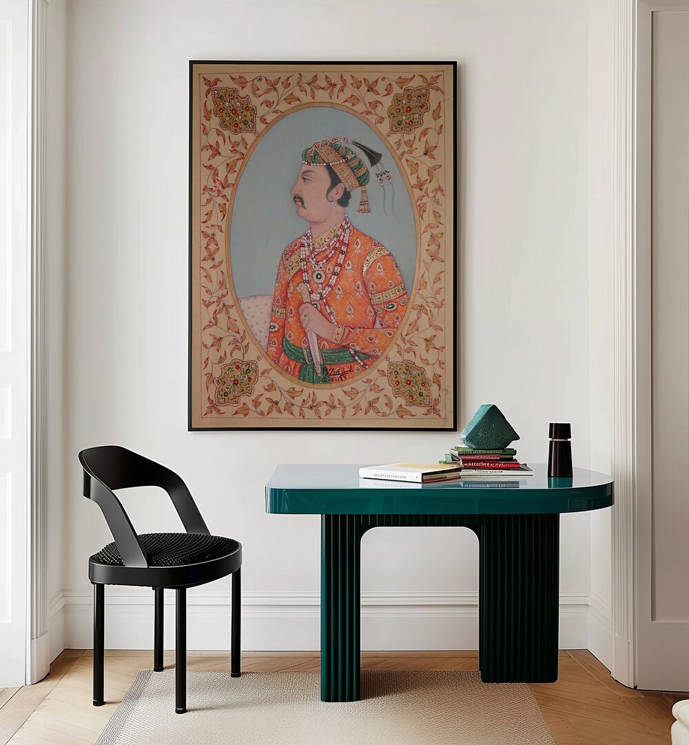 MUGHAL KING JHANNGHIR, INDIAN ART PAINTINGS displayed elegantly in a modern setting, showcasing Mughal heritage.