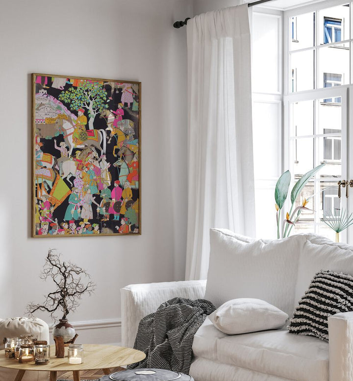 Vibrant MUGHALS OF INDIA, INDIAN ART PAINTINGS adorn a stylish living space, showcasing exquisite cultural heritage.