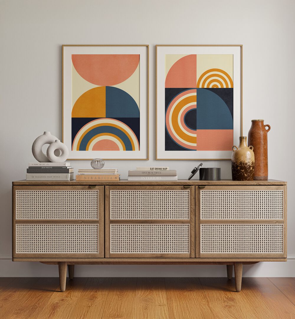 Stylishly enhance your space with the MUSTARD BLUE SET, SET OF 2 PAINTINGS, showcasing vibrant modern designs.