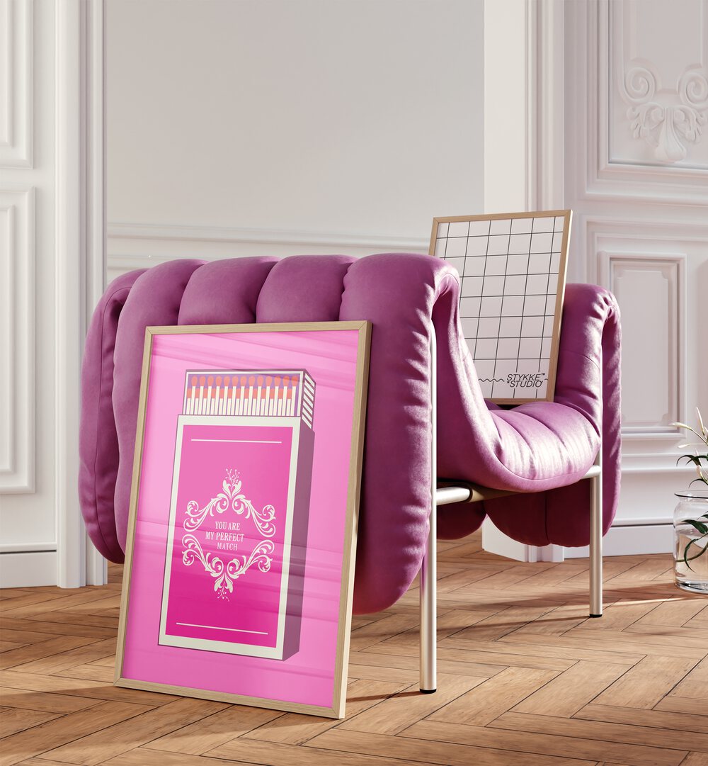 Stylish MY PERFECT MATCH, FASHION POSTERS displayed in a chic pink chair, perfect for enhancing home decor.