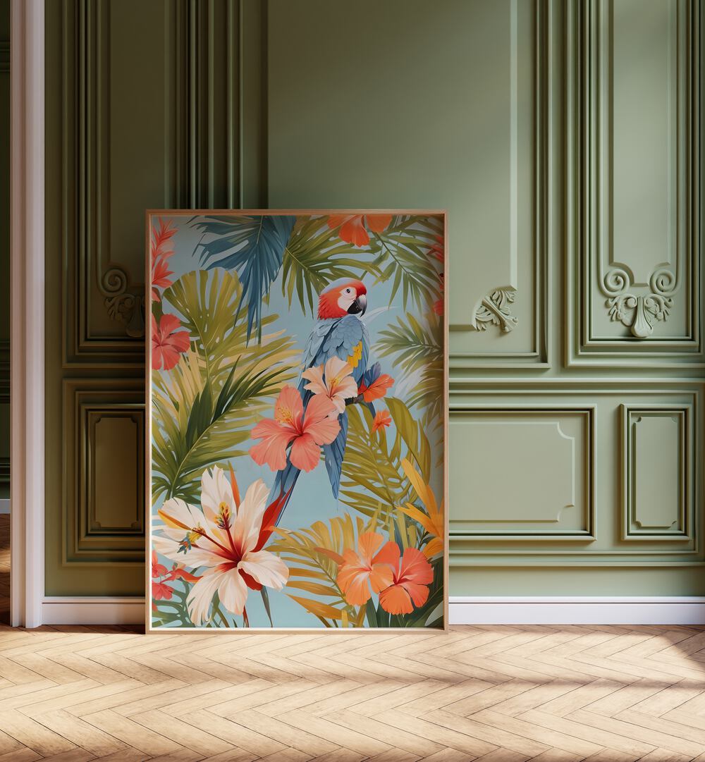Vibrant MACAW TROPICAL SOLITUDE, ANIMAL PAINTINGS by Uma Gokhale, adding exotic elegance to your space.
