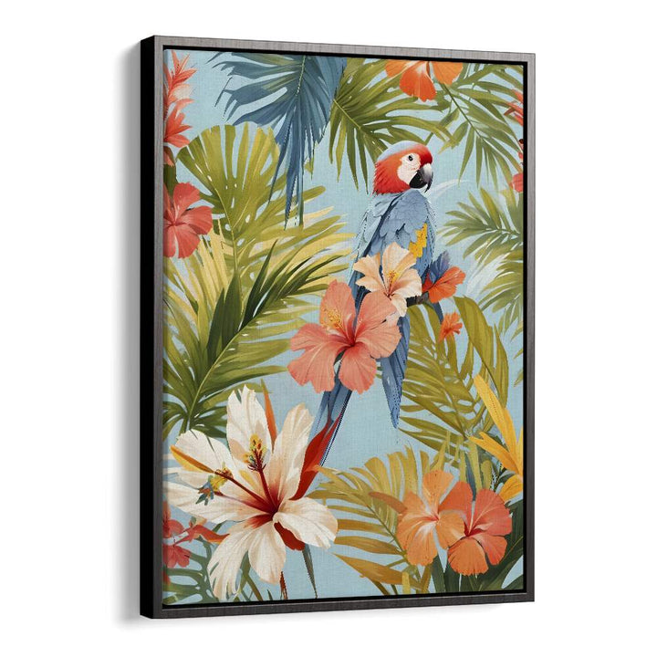 Vibrant MACAW TROPICAL SOLITUDE, ANIMAL PAINTINGS by Uma Gokhale, showcasing exotic wildlife in lush surroundings.
