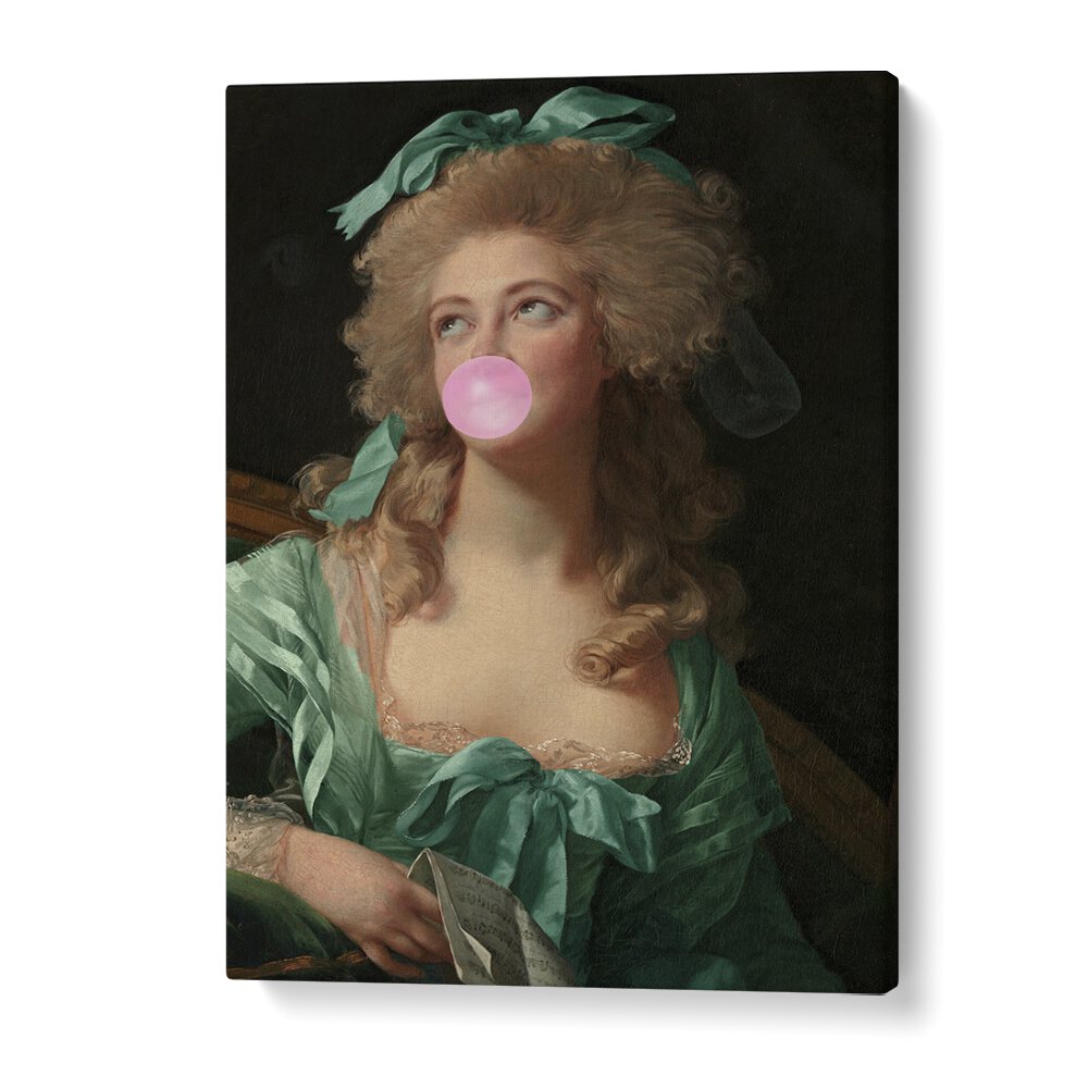 Vibrant MADAME BUBBLE-GUM, ALTERED ART PRINTS by Grace Digital Art Co, featuring a whimsical woman blowing bubblegum.