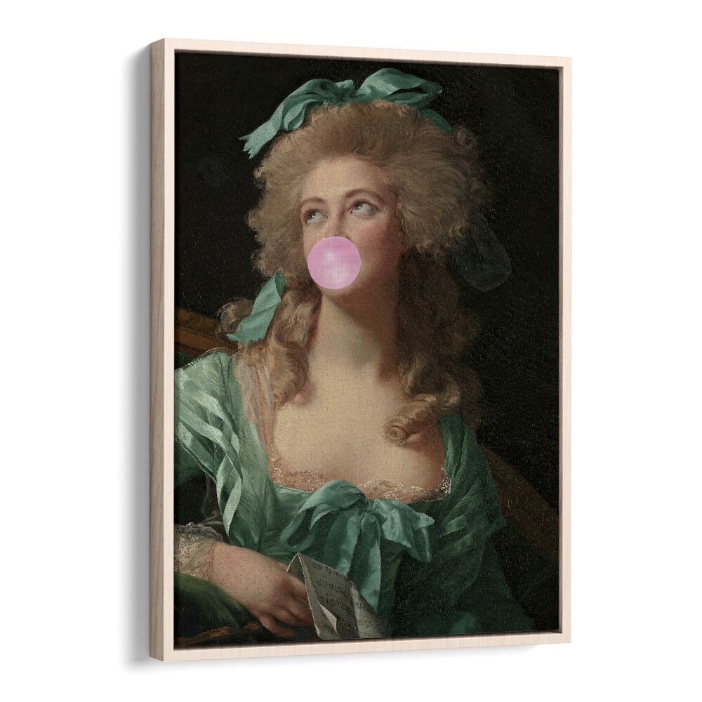 Vibrant altered art print "MADAME BUBBLE-GUM" by Grace Digital Art Co, featuring a whimsical woman blowing bubble gum.