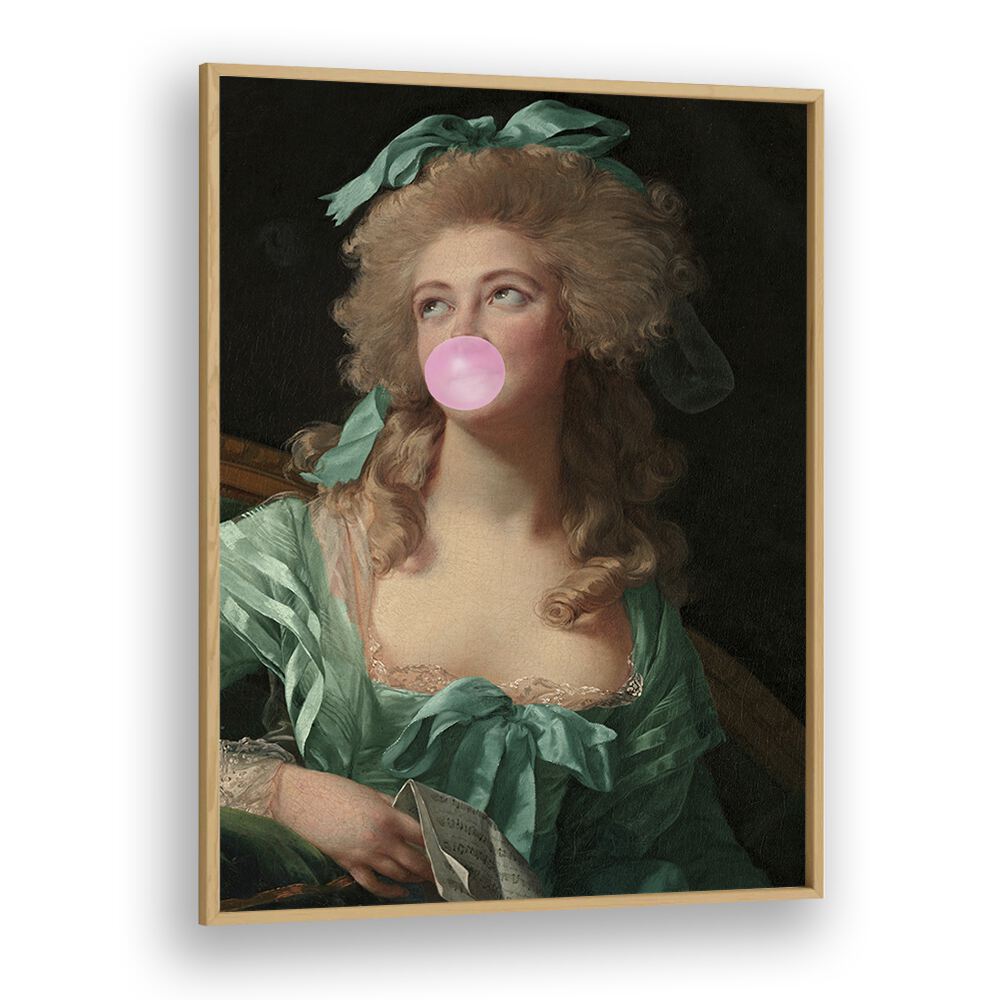 Vibrant altered art print "MADAME BUBBLE-GUM" by Grace Digital Art Co in an elegant oak frame. Perfect for any decor.