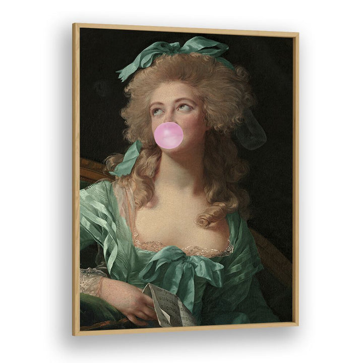 Vibrant altered art print "MADAME BUBBLE-GUM" by Grace Digital Art Co in an elegant oak frame. Perfect for any decor.