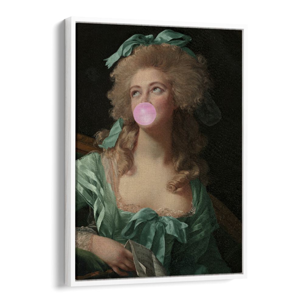 Whimsical MADAME BUBBLE-GUM, ALTERED ART PRINTS by Grace Digital Art Co, featuring a woman blowing bubble gum.