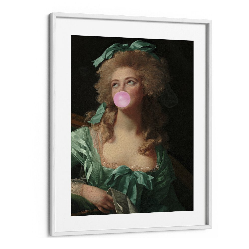Whimsical altered art print featuring Madame Bubble-Gum by Grace Digital Art Co in a stylish white frame.