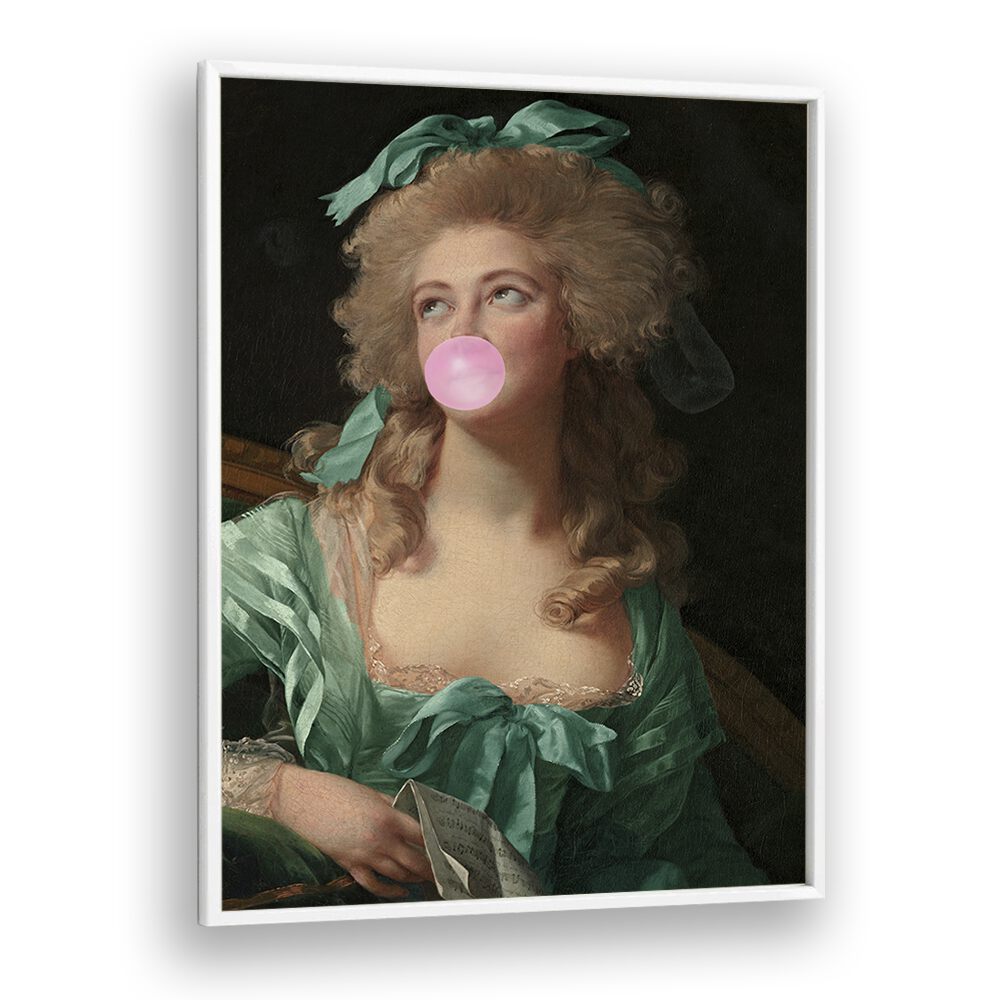 Vibrant MADAME BUBBLE-GUM, ALTERED ART PRINTS by Grace Digital Art Co, featuring a whimsical woman blowing bubble gum.