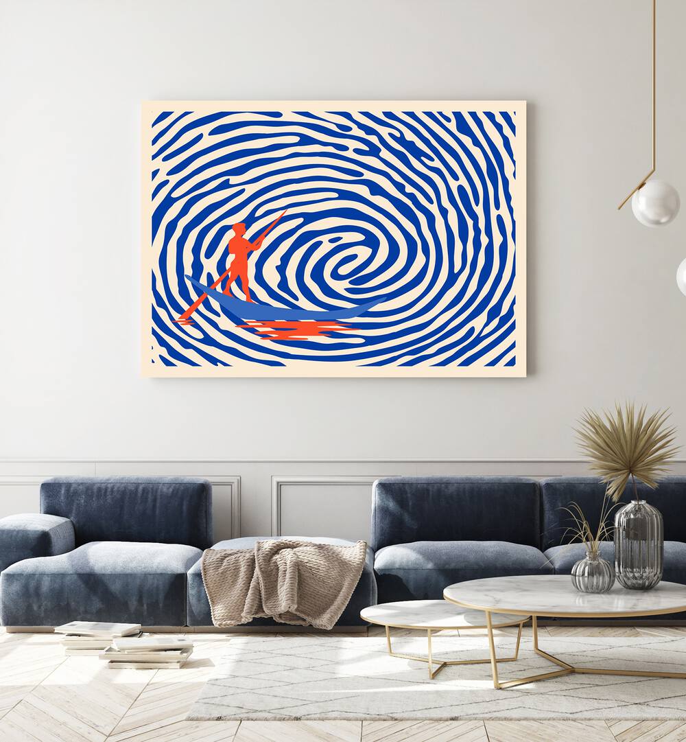 Vibrant "MAELSTROM, ABSTRACT PAINTINGS" by Uma Gokhale, showcasing dynamic swirls and a striking paddleboarder.