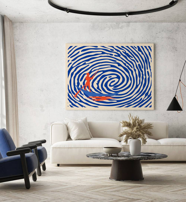 Vibrant "MAELSTROM, ABSTRACT PAINTINGS" by Uma Gokhale, showcasing dynamic swirls and a striking figure on canvas.