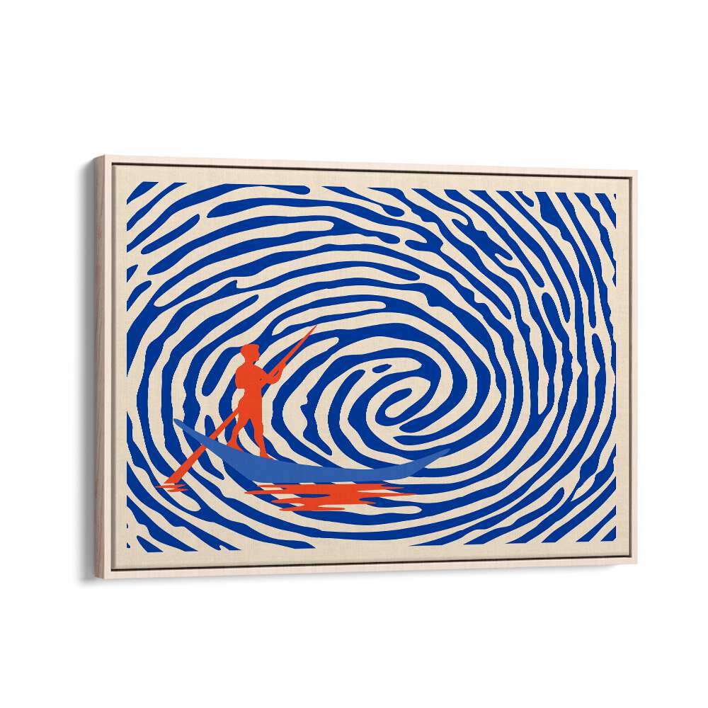 Vibrant MAELSTROM, ABSTRACT PAINTINGS by Uma Gokhale, showcasing dynamic swirls and a striking figure in a floater frame.