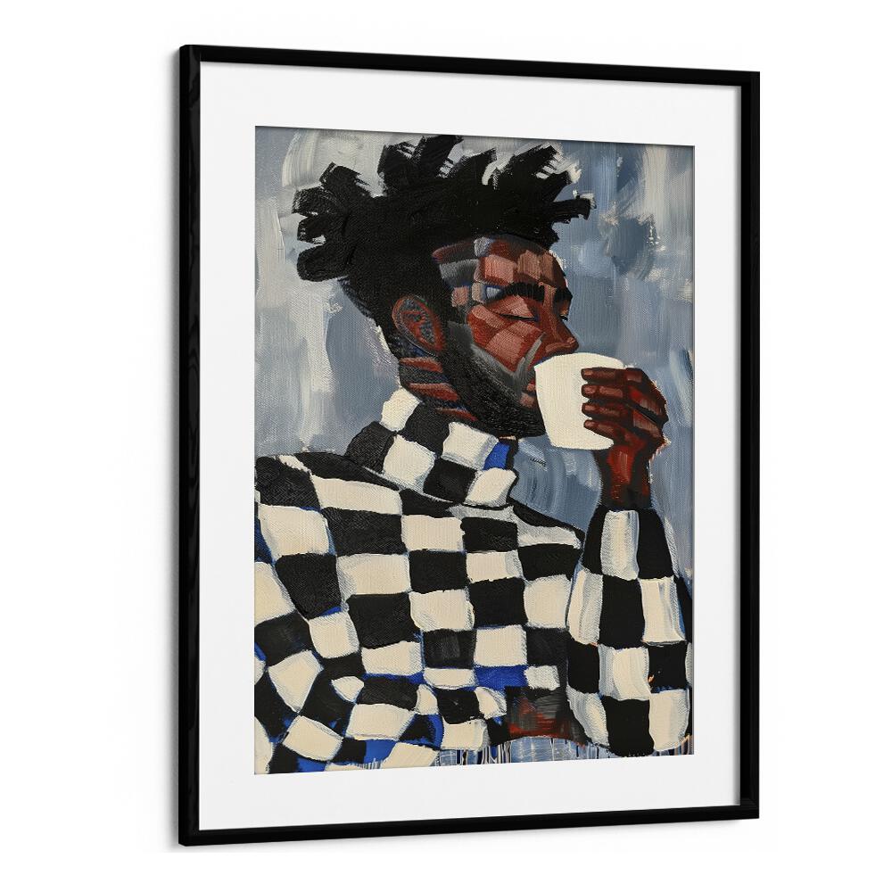 Stunning MAGIC IN COFFEE, PORTRAITS illustration featuring a man savoring coffee in a stylish black frame.