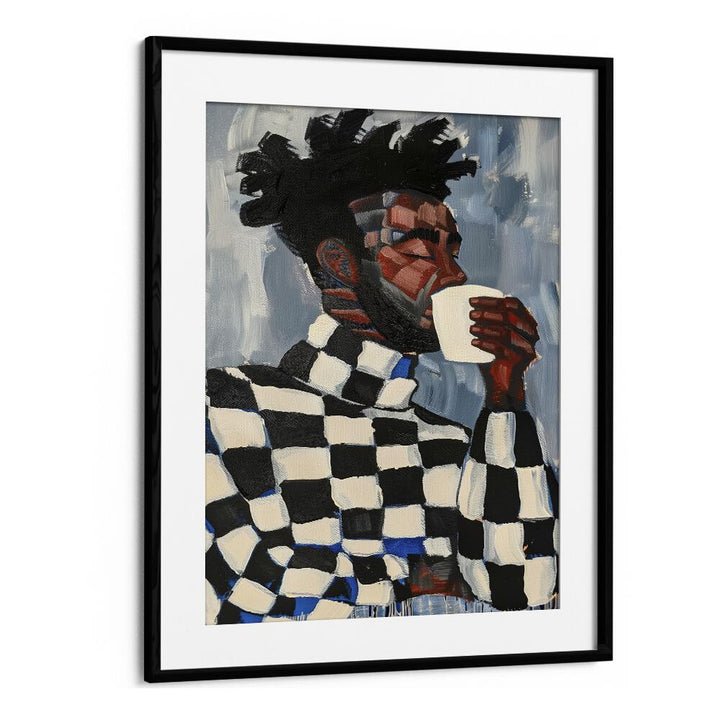 Stunning MAGIC IN COFFEE, PORTRAITS illustration featuring a man savoring coffee in a stylish black frame.