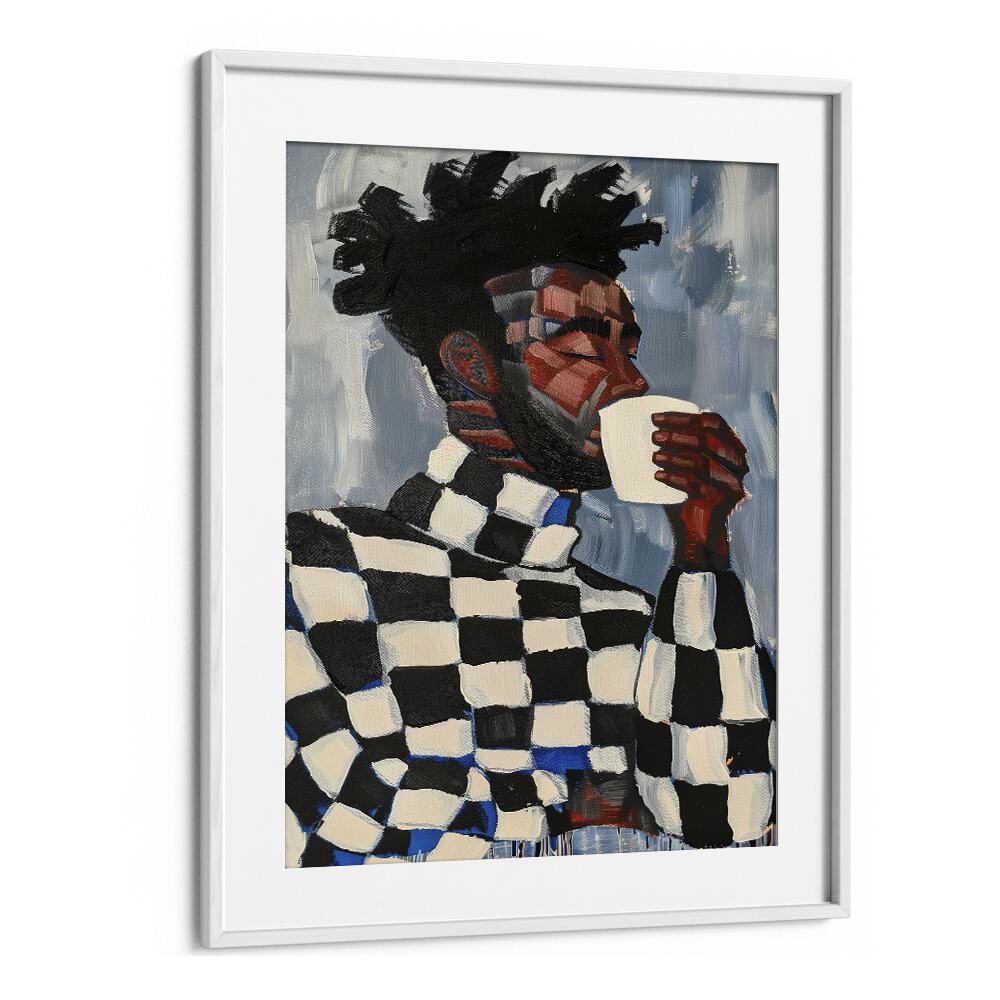 Stunning MAGIC IN COFFEE, PORTRAITS artwork featuring a man sipping coffee, blending creativity and culture beautifully.