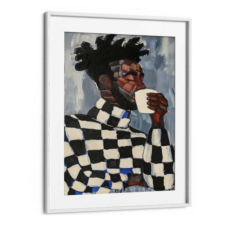 Stunning MAGIC IN COFFEE, PORTRAITS artwork featuring a man sipping coffee, blending creativity and culture beautifully.