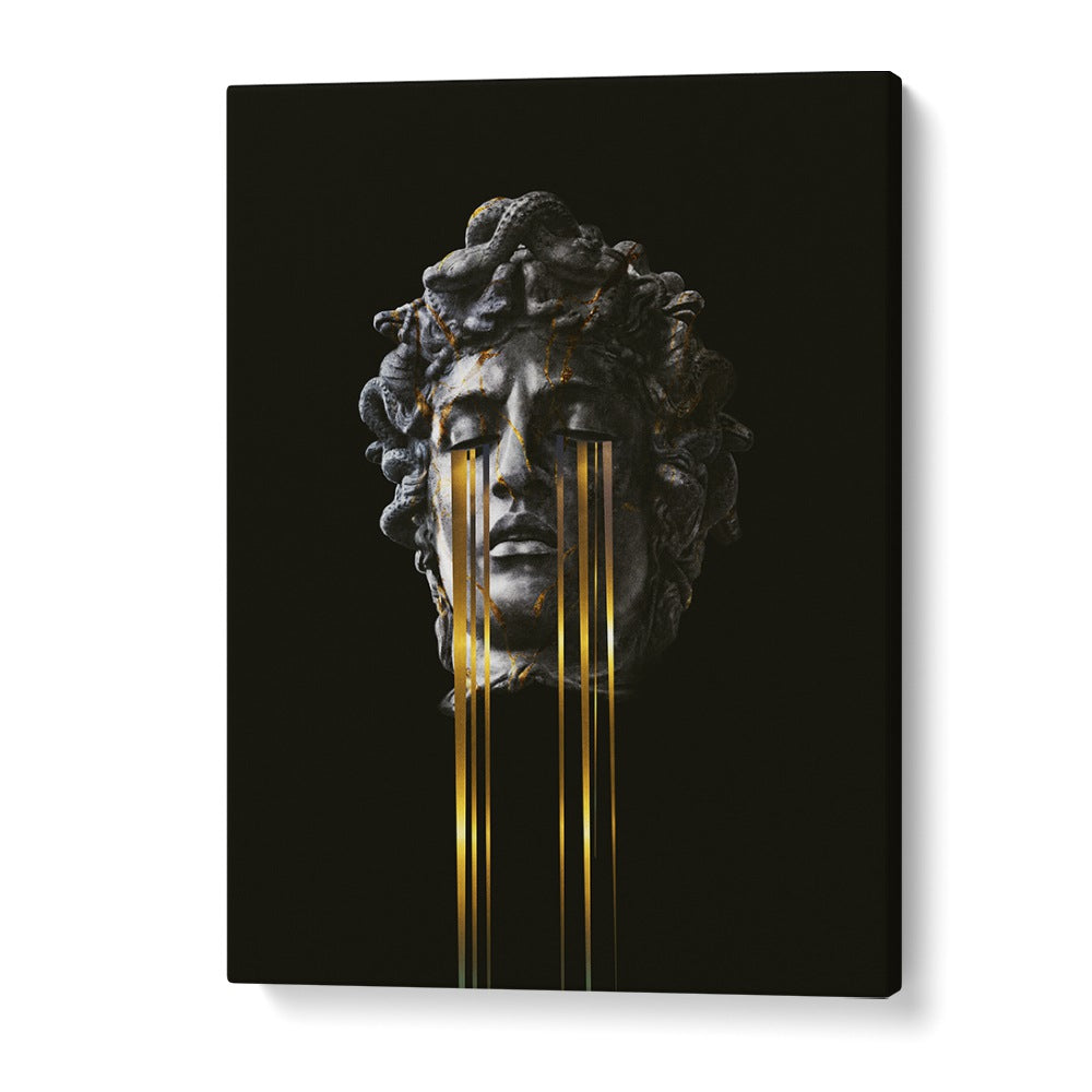 MDS, SURREAL ART PRINTS showcase a stunning statue with golden tears, enhancing your space with Frank Moth's unique style.