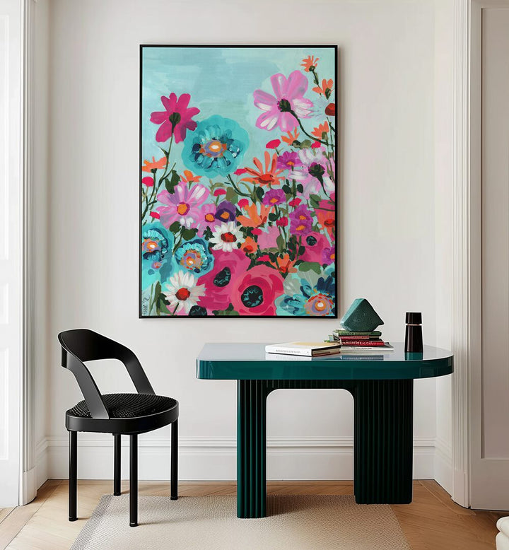 Meadow In June Pink By Ania Zwara Botanical Art Prints Floral Paintings in Black Plain Frame placed on a Cream Colored Wall near a Table in a Workspace in the Drawing Room